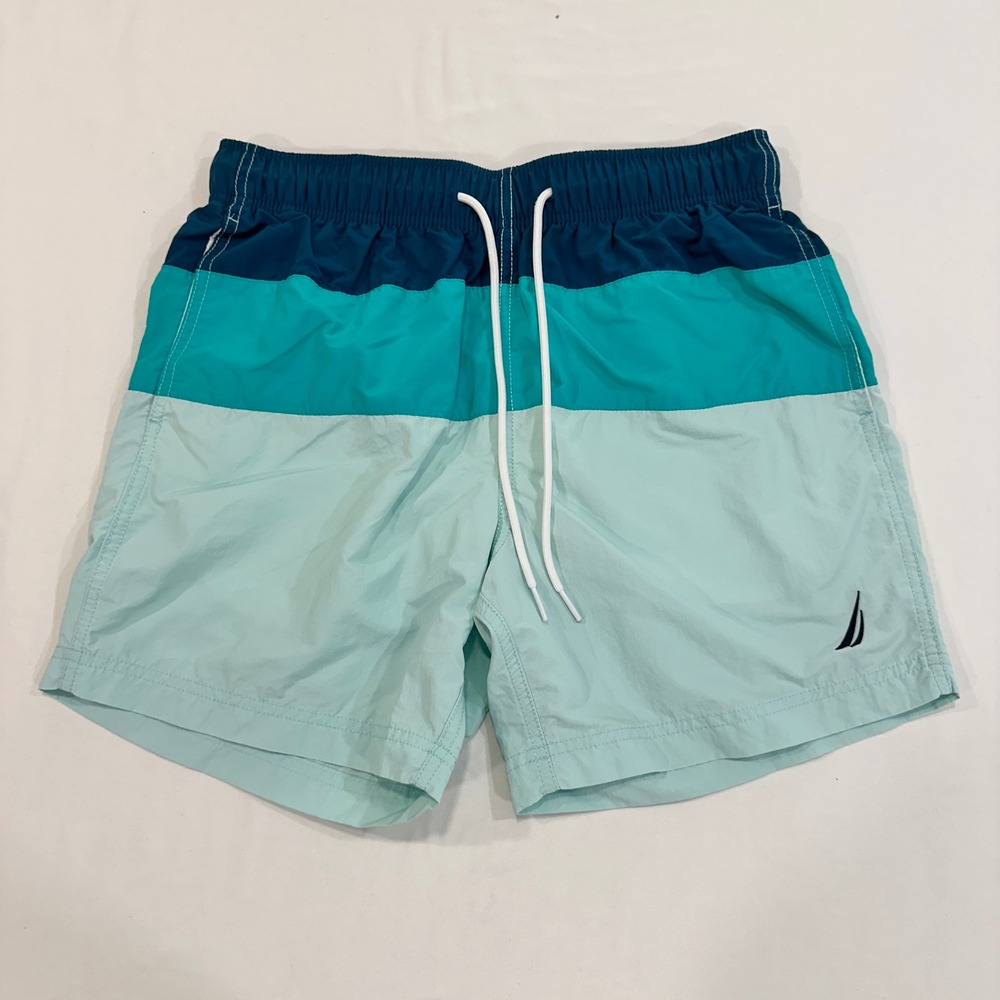 Nautica Colorblock Swim Trunks Mens Small Blue Teal Mesh Lined Coastal Aesthetic